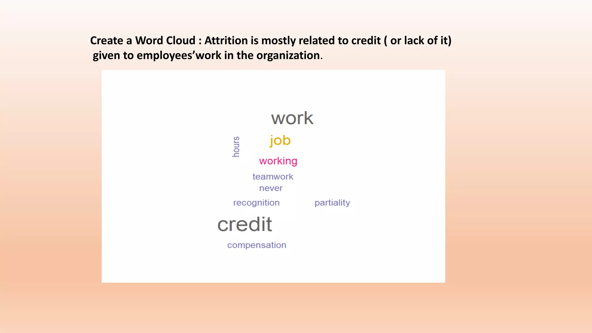 Create a Word Cloud : Attrition is mostly related to credit ( or lack of it)
given to employees’work in the organization.
 