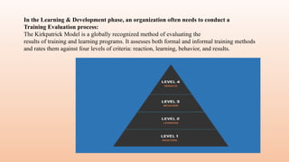 In the Learning & Development phase, an organization often needs to conduct a
Training Evaluation process:
The Kirkpatrick Model is a globally recognized method of evaluating the
results of training and learning programs. It assesses both formal and informal training methods
and rates them against four levels of criteria: reaction, learning, behavior, and results.
 