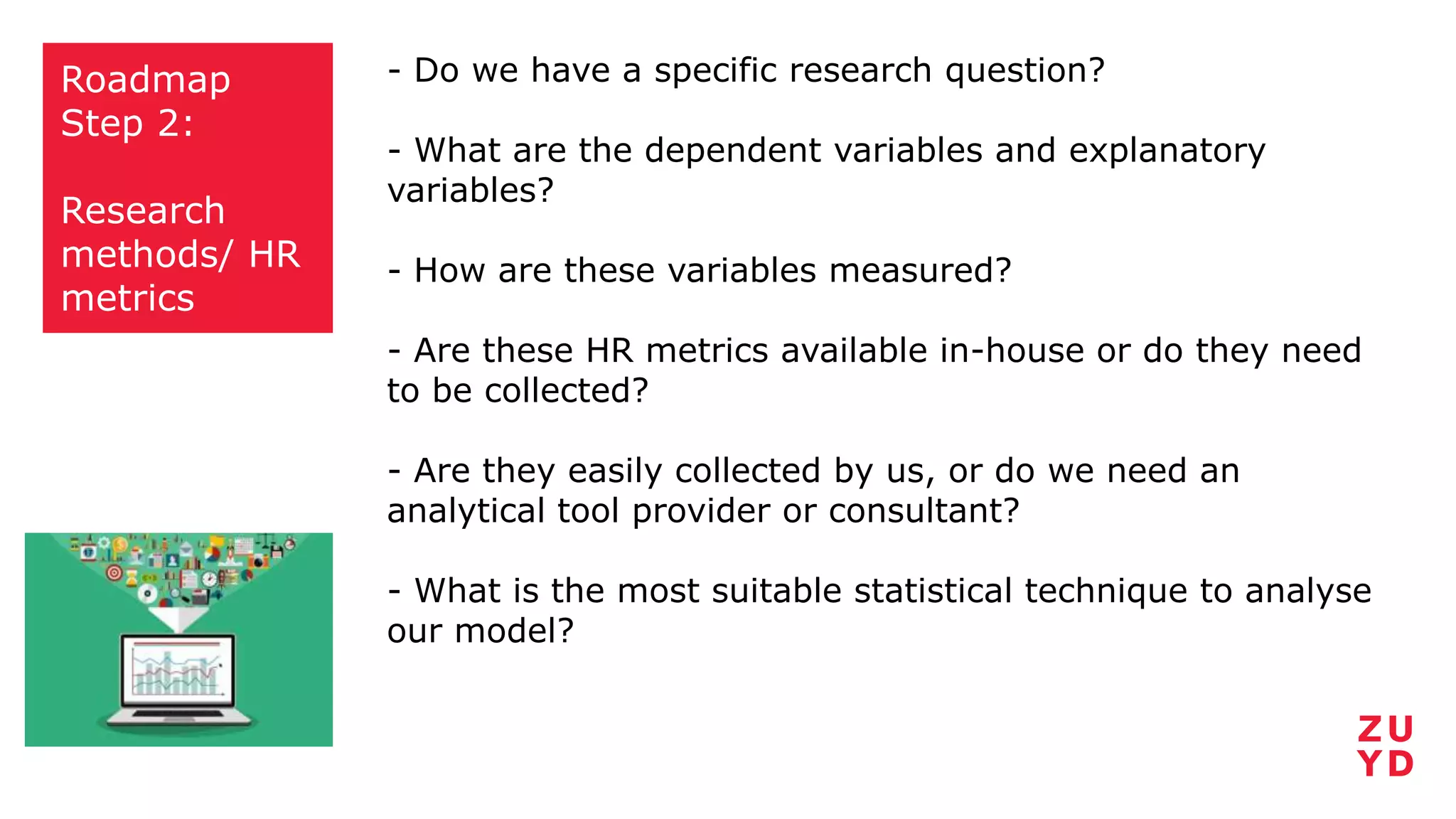 Roadmap
Step 2:
Research
methods/ HR
metrics
- Do we have a specific research question?
- What are the dependent variables and explanatory
variables?
- How are these variables measured?
- Are these HR metrics available in-house or do they need
to be collected?
- Are they easily collected by us, or do we need an
analytical tool provider or consultant?
- What is the most suitable statistical technique to analyse
our model?
 