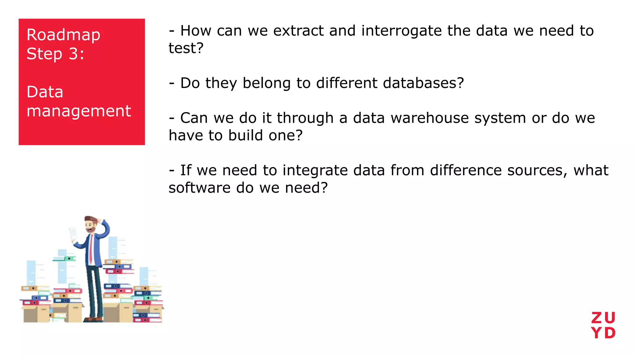 Roadmap
Step 3:
Data
management
- How can we extract and interrogate the data we need to
test?
- Do they belong to different databases?
- Can we do it through a data warehouse system or do we
have to build one?
- If we need to integrate data from difference sources, what
software do we need?
 