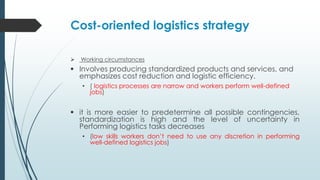Cost-oriented logistics strategy


Working circumstances

 Involves producing standardized products and services, and
emphasizes cost reduction and logistic efficiency.
• ( logistics processes are narrow and workers perform well-defined
jobs)

 it is more easier to predetermine all possible contingencies,
standardization is high and the level of uncertainty in
Performing logistics tasks decreases
• (low skills workers don’t need to use any discretion in performing
well-defined logistics jobs)

 