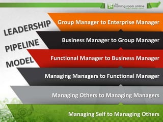 Group Manager to Enterprise Manager

Business Manager to Group Manager
Functional Manager to Business Manager
Managing Managers to Functional Manager
Managing Others to Managing Managers
Managing Self to Managing Others

 