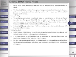 HUMAN
RESOURCES

6. Training & PMDP- Training Process
5.

Home

On the day of training, the Executive (HR) shall take the attendance of the personnel attending the
training.

6.

The Executive (HR) shall maintain a Training tracker to capture details of the employees who attended a
particular training to enable identification of training man-hours of an employee against that specified in
the policy for relevant level.

Process Overview

External Training
1.

Key Input1s
Key Inputs

The employees may nominate themselves to attend an external training by filling up an Training
nomination form. The approval of the HOD shall be sought on the Training nomination form. The

Key Objectives

supervisor may also nominate employees for training. Refer to Procurement of Services process in
Procurement SOP for details on selection of External Training Agency.

2.
Process Owners

On obtaining HOD‟s approval, employee shall forward the training nomination form to the Executive (HR)
for updation of Training tracker.

Training Feedback
Key Formats

Key
Key Activities
Activities

1.

Flowchart

Written feedback shall be obtained from all participants regarding the usefulness of the program so as to
decide on future nominations and/or organization of the program.

2.
KPM

If the HOD thinks it fit, then participants may be encouraged to share their learning with their

Key Outputs`
Key Outputs

departmental colleagues on their return from a training program.
3.

HR team shall submit an annual report to the management on the training activities carried out during
the year and the list of participants and mention those trainees who contributed the most to the success

MIS

of a program.

R&A

Help

109

 