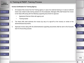 HUMAN
RESOURCES

6. Training & PMDP- Training Process
Invoice Certification for Training Agency
1.

Home

On receipt of the invoice from the Training agency in case of an external training or in case an external
trainer was invited to take training sessions for the employees, Manager (HR) shall forward the invoice
to the Head (HR) along with the following supporting documents for approval:
•
•

Process Overview

2.
Key Objectives

3.

Agreement/ Service Order with agency and
Training tracker

Key Input1s
Key Inputs

The Head (HR) shall authorize the invoice (by way of a sign-off on the invoice) on review of the
aforementioned documents.
Approved invoice along with the aforementioned supporting documents shall be sent to the Accounts
team for Accounting purpose.

Key
Key Activities
Activities

Process Owners
Flowchart
Key Formats

Key Outputs`
Key Outputs
KPM

MIS

R&A

Help

110

 
