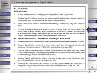 HUMAN
RESOURCES

8.1.1 Master Management – Payroll Master
8.1.1 Key Activities:
Guiding Principles

Home

•

An entry shall be present for each employee in the organization in the payroll master

•

Only Executive (Payroll) shall have read and write access to Employee Master. Manager (Payroll) on
a case to case basis may authorize only read access to other employees

Process Overview

Key Inputs

•
Key Objectives

Payroll Master record cannot be created without there being a corresponding entry in the Employee
Master

•

Employee and Payroll records shall share a common Employee Code. The payroll master shall
contain details regarding the Salary advance deduction to be made from the salary of the employee
on a monthly basis. System shall automatically take into account the deduction from the monthly
salary of the said employee in case of the employee availing the advance.

Process Owners

8.1.1.a Key Process description – Payroll Master - Create Payroll Master Record
1.

Executive (Payroll) shall receive the Employee joining report along with Appointment letter with
signature of the new joinee, joinee‟s HOD and the authorized signatory as per DOA.

Flowchart

A new employee record shall be created in the payroll master whenever a new employee is recruited.

2.

Key Formats

Key
Key Activities
Activities

Key Outputs

KPM

3.
MIS

Executive (Payroll) shall verify that an Employee payroll record does not already exist in the system
for that specific employee. If an Employee Payroll record already exists then Manager (Payroll) shall
be notified. Manager (Payroll) shall then resolve the issue.

4.
Help

Executive (Payroll) shall obtain the required information for data entry from the Appointment Letter
and the Employee Code / name as mentioned on the EJR.

5.

On entry of the salary details of the employee as per the Appointment Letter, the system shall be
configured to compute the applicable amounts towards statutory deductions viz. PF, PT, & ESI.

R&A

124

 