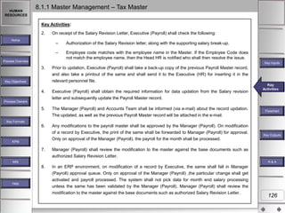 HUMAN
RESOURCES

8.1.1 Master Management – Tax Master
Key Activities:
2.

Home

On receipt of the Salary Revision Letter, Executive (Payroll) shall check the following:
–

Authorization of the Salary Revision letter, along with the supporting salary break-up.

–

Employee code matches with the employee name in the Master. If the Employee Code does
not match the employee name, then the Head HR is notified who shall then resolve the issue.

Process Overview

Key Inputs

3.
Key Objectives

Prior to updation, Executive (Payroll) shall take a back-up copy of the previous Payroll Master record,
and also take a printout of the same and shall send it to the Executive (HR) for inserting it in the
relevant personnel file.

4.

Executive (Payroll) shall obtain the required information for data updation from the Salary revision
letter and subsequently update the Payroll Master record.

5.

The Manager (Payroll) and Accounts Team shall be informed (via e-mail) about the record updation.
The updated, as well as the previous Payroll Master record will be attached in the e-mail.

6.

Key
Key Activities
Activities

Any modifications to the payroll master shall be approved by the Manager (Payroll). On modification

Process Owners
Flowchart

Key Formats

of a record by Executive, the print of the same shall be forwarded to Manager (Payroll) for approval.
Only on approval of the Manager (Payroll), the payroll for the month shall be processed.

KPM

7.

Manager (Payroll) shall review the modification to the master against the base documents such as
authorized Salary Revision Letter.

8.

In an ERP environment, on modification of a record by Executive, the same shall fall in Manager
(Payroll) approval queue. Only on approval of the Manager (Payroll) ,the particular change shall get

MIS

Help

Key Outputs

R&A

activated and payroll processed. The system shall not pick data for month end salary processing
unless the same has been validated by the Manager (Payroll). Manager (Payroll) shall review the
modification to the master against the base documents such as authorized Salary Revision Letter.

126

 