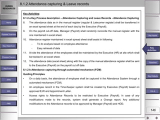 HUMAN
RESOURCES

8.1.2 Attendance capturing & Leave records
Key Activities:
8.1.2.a Key Process description – Attendance Capturing and Leave Records - Attendance Capturing

Home

8.

The attendance data as in the manual register (regular & Latecomer register) shall be transferred in
an excel spread sheet at the end of each day by the Executive (Payroll).

9.
Process Overview

On the payroll cut-off date, Manager (Payroll) shall randomly reconcile the manual register with the
one maintained in excel sheet.

10.

Key Inputs

Attendance register maintained in excel spread sheet shall assist in following:
To do analysis based on employee attendance

Key Objectives

Easy retrieval of data
11.

Key
Key Activities
Activities

At site the attendance of the employees shall be maintained by the Executive (HR) at site which shall
be tracked in an excel sheet.

Process Owners

12.

The attendance data (excel sheet) along with the copy of the manual attendance register shall be sent

Flowchart

to the Executive (Payroll) on the payroll cut off date.
Key Formats

8.1.2 b Attendance capturing through automated mechanism (FCM)

Guiding Principles
KPM

•

Key Outputs

On a daily basis, the attendance of employee shall be captured in the Attendance System through a
automated mechanism (FCM).

•

An employee record in the Time-Keeper system shall be created by Executive (Payroll) based on
approved EJR and Appointment Letter.

MIS

•

R&A

Access rights to Attendance Records to be restricted to Executive (Payroll). In case of any
modifications made to the records, system shall generate a Change report. Any additions/

Help

modifications to the Attendance records to be approved by Manager (Payroll) and HOD.

146

 