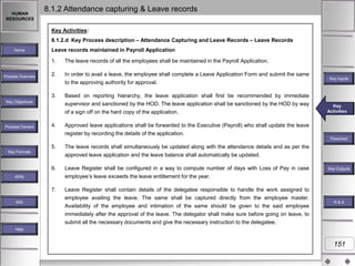 HUMAN
RESOURCES

8.1.2 Attendance capturing & Leave records
Key Activities:
8.1.2.d Key Process description – Attendance Capturing and Leave Records – Leave Records

Home

Leave records maintained in Payroll Application
1.

Process Overview

The leave records of all the employees shall be maintained in the Payroll Application.

2.

In order to avail a leave, the employee shall complete a Leave Application Form and submit the same
to the approving authority for approval.

3.
Key Objectives

Process Owners

4.

Based on reporting hierarchy, the leave application shall first be recommended by immediate
supervisor and sanctioned by the HOD. The leave application shall be sanctioned by the HOD by way
of a sign off on the hard copy of the application.

Key Inputs

Key
Key Activities
Activities

Approved leave applications shall be forwarded to the Executive (Payroll) who shall update the leave
register by recording the details of the application.
Flowchart

5.

The leave records shall simultaneously be updated along with the attendance details and as per the
approved leave application and the leave balance shall automatically be updated.

6.

Leave Register shall be configured in a way to compute number of days with Loss of Pay in case
employee‟s leave exceeds the leave entitlement for the year.

7.

Leave Register shall contain details of the delegatee responsible to handle the work assigned to
employee availing the leave. The same shall be captured directly from the employee master.
Availability of the employee and intimation of the same should be given to the said employee
immediately after the approval of the leave. The delegator shall make sure before going on leave, to
submit all the necessary documents and give the necessary instruction to the delegatee.

Key Formats

KPM

MIS

Key Outputs

R&A

Help

151

 