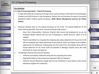 HUMAN
RESOURCES

8.1.3 Payroll Processing
Key Activities:
8.1.3 Key Process description – Payroll Processing

Home

•

IT Dept shall certify the functioning of the logic every month and take a confirmation from the Manager
(Taxation) and GM (Finance) in User Acceptance Testing Form and handover the same to the payroll
department before initiating payroll processing. (Refer Master Management process for further

Process Overview

details)

2.
Key Objectives

Key Inputs

Executive (Payroll) shall run the payroll processing for the month. The Payroll Statement for the

month shall be generated. Post which, Executive (Payroll) shall conduct:
Head Count Reconciliation: Executive (Payroll) shall ensure that employee list as per the

Key
Key Activities
Activities

Employee Master matches with the List of Employees to whose accounts, salary is to be

Process Owners

credited.
Flowchart

Payroll reconciliation by comparing the employee-wise salary statements for the current month
Key Formats

with the employee-wise salary statements for the previous month and prepare a reconciliation
statement for the differences. Subsequently, the hard copy of the reconciliation along with the
Payroll Statement for the month shall be forwarded to Manager (Payroll) along with base

KPM

documents for review and approval.
3.

The Manager (Payroll) shall verify the following:
Verify the reconciliation statements along with the supporting documents.
Appointment letters of new joinees and resignation letter for resignees.

–
Help

–
–

MIS

Key Outputs

Verify the manual attendance register with the one maintained in excel sheet in case manual

R&A

attendance registers are maintained.

166

 