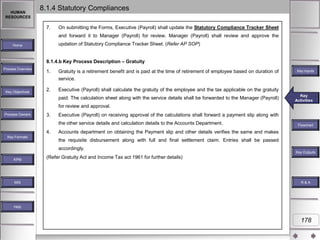 HUMAN
RESOURCES

8.1.4 Statutory Compliances
7.

On submitting the Forms, Executive (Payroll) shall update the Statutory Compliance Tracker Sheet
and forward it to Manager (Payroll) for review. Manager (Payroll) shall review and approve the
updation of Statutory Compliance Tracker Sheet. (Refer AP SOP)

Home

8.1.4.b Key Process Description – Gratuity
Process Overview

Key Objectives

1.

Gratuity is a retirement benefit and is paid at the time of retirement of employee based on duration of
service.

2.

Executive (Payroll) shall calculate the gratuity of the employee and the tax applicable on the gratuity
paid. The calculation sheet along with the service details shall be forwarded to the Manager (Payroll)

Key Inputs

Key
Key Activities
Activities

for review and approval.
Process Owners

3.

Executive (Payroll) on receiving approval of the calculations shall forward a payment slip along with
the other service details and calculation details to the Accounts Department.

4.
Key Formats

Accounts department on obtaining the Payment slip and other details verifies the same and makes
the requisite disbursement along with full and final settlement claim. Entries shall be passed

accordingly.
KPM

MIS

Flowchart

Key Outputs

(Refer Gratuity Act and Income Tax act 1961 for further details)

R&A

Help

178

 