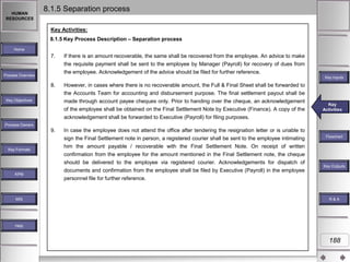 HUMAN
RESOURCES

8.1.5 Separation process
Key Activities:
8.1.5 Key Process Description – Separation process

Home

7.

If there is an amount recoverable, the same shall be recovered from the employee. An advice to make

the requisite payment shall be sent to the employee by Manager (Payroll) for recovery of dues from
the employee. Acknowledgement of the advice should be filed for further reference.

Process Overview

Key Inputs

8.
Key Objectives

However, in cases where there is no recoverable amount, the Full & Final Sheet shall be forwarded to
the Accounts Team for accounting and disbursement purpose. The final settlement payout shall be
made through account payee cheques only. Prior to handing over the cheque, an acknowledgement
of the employee shall be obtained on the Final Settlement Note by Executive (Finance). A copy of the
acknowledgement shall be forwarded to Executive (Payroll) for filing purposes.

Key
Key Activities
Activities

Process Owners

9.

Key Formats

KPM

MIS

In case the employee does not attend the office after tendering the resignation letter or is unable to
sign the Final Settlement note in person, a registered courier shall be sent to the employee intimating
him the amount payable / recoverable with the Final Settlement Note. On receipt of written
confirmation from the employee for the amount mentioned in the Final Settlement note, the cheque
should be delivered to the employee via registered courier. Acknowledgements for dispatch of
documents and confirmation from the employee shall be filed by Executive (Payroll) in the employee
personnel file for further reference.

Flowchart

Key Outputs

R&A

Help

188

 