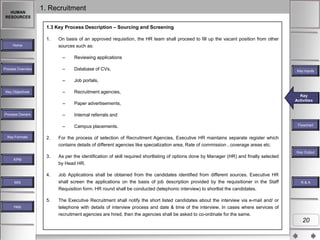 HUMAN
RESOURCES

1. Recruitment
1.3 Key Process Description – Sourcing and Screening
1.

Home

On basis of an approved requisition, the HR team shall proceed to fill up the vacant position from other
sources such as:
–
–

Paper advertisements,

–

Internal referrals and

–
Key Formats

Recruitment agencies,

–
Process Owners

Job portals,

–

Key Objectives

Database of CVs,

–

Process Overview

Reviewing applications

Campus placements.

2.

Job Applications shall be obtained from the candidates identified from different sources. Executive HR
shall screen the applications on the basis of job description provided by the requisitioner in the Staff
Requisition form. HR round shall be conducted (telephonic interview) to shortlist the candidates.

Flowchart

As per the identification of skill required shortlisting of options done by Manager (HR) and finally selected
by Head HR.

4.

Key
Key
Key Activities
Activities
Activities

For the process of selection of Recruitment Agencies, Executive HR maintains separate register which
contains details of different agencies like specialization area, Rate of commission , coverage areas etc.

3.

Key Inputs

Key Outputs
Key Output
KPM

MIS

5.
Help

R&A

The Executive Recruitment shall notify the short listed candidates about the interview via e-mail and/ or
telephone with details of interview process and date & time of the interview. In cases where services of
recruitment agencies are hired, then the agencies shall be asked to co-ordinate for the same.

20

 