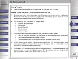 HUMAN
RESOURCES

8.2 Reimbursement
Guiding Principles
•

Local Conveyance claims shall be processed for all the employees once in a month

Home

8.2.2 Key Process Description – Local Conveyance for non field staff
1.
Process Overview

2.
Key Objectives

Employee shall submit claims pertaining to Local Conveyance in a Conveyance Form in a Standard
Format with details of travel undertaken during the month to the HOD for approval. The approved form
shall subsequently be submitted with the Executive (HR).
The Conveyance Form shall capture the following details:
–

–

Distance Traveled

–

3.

Date of travel
Purpose of travel

–
Key Formats

Employee personnel details

–
Process Owners

Mode of transport

5.
Help

Checks the distance mentioned between locations

–

MIS

Flowchart

Check the particulars mentioned in the form against the security register (in-time and out-time)

–

4.

Key
Key Activities
Activities

On receipt of the Conveyance form, Executive (HR) shall perform following checks:
–

KPM

Key Inputs

Calculates the amount as per the mode of transport as per the Company Policy

A claim register (manual register) shall be maintained by Executive (HR) that captures details of the
claims processed for an employee during a month. The register shall be maintained to prevent
processing of claims twice for the same employee.

Key Outputs

R&A

On review of the Conveyance Forms, Executive (HR) shall prepare a consolidated statement that
summarizes the expenses claimed by employees. The Consolidated Statement along with the
Conveyance forms shall be sent to Manager (HR) for approval.

203

 