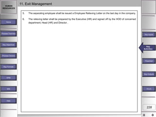 HUMAN
RESOURCES

11. Exit Management
5.
6.

Home

Process Overview

The separating employee shall be issued a Employee Relieving Letter on the last day in the company.
The relieving letter shall be prepared by the Executive (HR) and signed off by the HOD of concerned
department, Head (HR) and Director .

Key Inputs

Key Objectives

Key
Key Activities
Activities

Process Owners
Flowchart
Key Formats

Key Outputs
KPM

MIS

R&A

Help

228

 