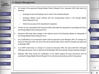 HUMAN
RESOURCES

4. Master Management
4.

On receipt of the approved Change Master Record Request Form, Executive (HR) shall check the
following:
–

Employee Code and Employee name match in the Employee Master.

–

Home

Employee Master record matches with the corresponding entries in the Change Master
Record Request Form.

Process Overview

Key Inputs

–
Key Objectives

5.

Check the accuracy of the requisitioner‟s signature.

If there are any mismatches then Executive (HR) shall notify the requisitioner accordingly and return
the Change Master Record Request Form.

6.

Executive (HR) shall make changes in the relevant record of the Employee Master as designated in
the Change Master Record Request Form.

7.

Any modifications to the employee master shall be approved by the Manager (HR). On change of a
record by Executive (HR), the print of the same shall be taken which shall be reviewed and approved
by Manager (HR).

8.

In an ERP environment, on change of a record by Executive (HR), the same shall fall in Manager
(HR) approval queue. Only on approval of the Manager (HR) the particular change shall get activated.

9.

Manager (HR) shall review the modification to the master against the base documents such as
authorized Change Master Record Request Form and other documentary proofs (if necessary).

Process Owners

Key Formats

KPM

MIS

Key
Key Activities
Activities

Flowchart

Key Outputs

R&A

Help

71

 
