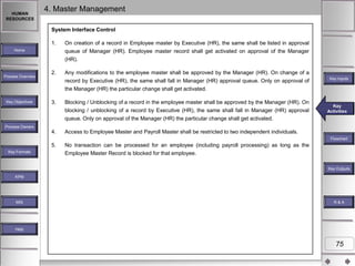 HUMAN
RESOURCES

4. Master Management
System Interface Control
1.

On creation of a record in Employee master by Executive (HR), the same shall be listed in approval
queue of Manager (HR). Employee master record shall get activated on approval of the Manager
(HR).

2.

Any modifications to the employee master shall be approved by the Manager (HR). On change of a
record by Executive (HR), the same shall fall in Manager (HR) approval queue. Only on approval of
the Manager (HR) the particular change shall get activated.

Home

Process Overview

3.

Blocking / Unblocking of a record in the employee master shall be approved by the Manager (HR). On
blocking / unblocking of a record by Executive (HR), the same shall fall in Manager (HR) approval
queue. Only on approval of the Manager (HR) the particular change shall get activated.

4.

Access to Employee Master and Payroll Master shall be restricted to two independent individuals.

5.

Key Objectives

Key Inputs

No transaction can be processed for an employee (including payroll processing) as long as the
Employee Master Record is blocked for that employee.

Key
Key Activities
Activities

Process Owners
Flowchart
Key Formats

Key Outputs
KPM

MIS

R&A

Help

75

 