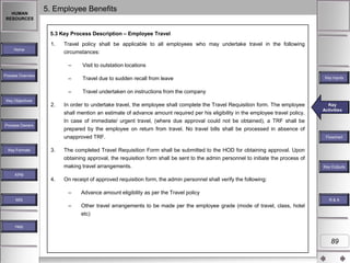 HUMAN
RESOURCES

5. Employee Benefits
5.3 Key Process Description – Employee Travel

1.
Home

Travel policy shall be applicable to all employees who may undertake travel in the following
circumstances:
–
–

Key Objectives

2.

Process Owners

Key Formats

3.

Travel due to sudden recall from leave

–

Process Overview

Visit to outstation locations

Travel undertaken on instructions from the company

In order to undertake travel, the employee shall complete the Travel Requisition form. The employee
shall mention an estimate of advance amount required per his eligibility in the employee travel policy.
In case of immediate/ urgent travel, (where due approval could not be obtained), a TRF shall be
prepared by the employee on return from travel. No travel bills shall be processed in absence of
unapproved TRF.

Key Inputs

Key
Key Activities
Activities

Flowchart

The completed Travel Requisition Form shall be submitted to the HOD for obtaining approval. Upon
obtaining approval, the requisition form shall be sent to the admin personnel to initiate the process of
making travel arrangements.

Key Outputs

KPM

4.

On receipt of approved requisition form, the admin personnel shall verify the following:
–

Advance amount eligibility as per the Travel policy

–

Other travel arrangements to be made per the employee grade (mode of travel, class, hotel

MIS

R&A

etc)
Help

89

 