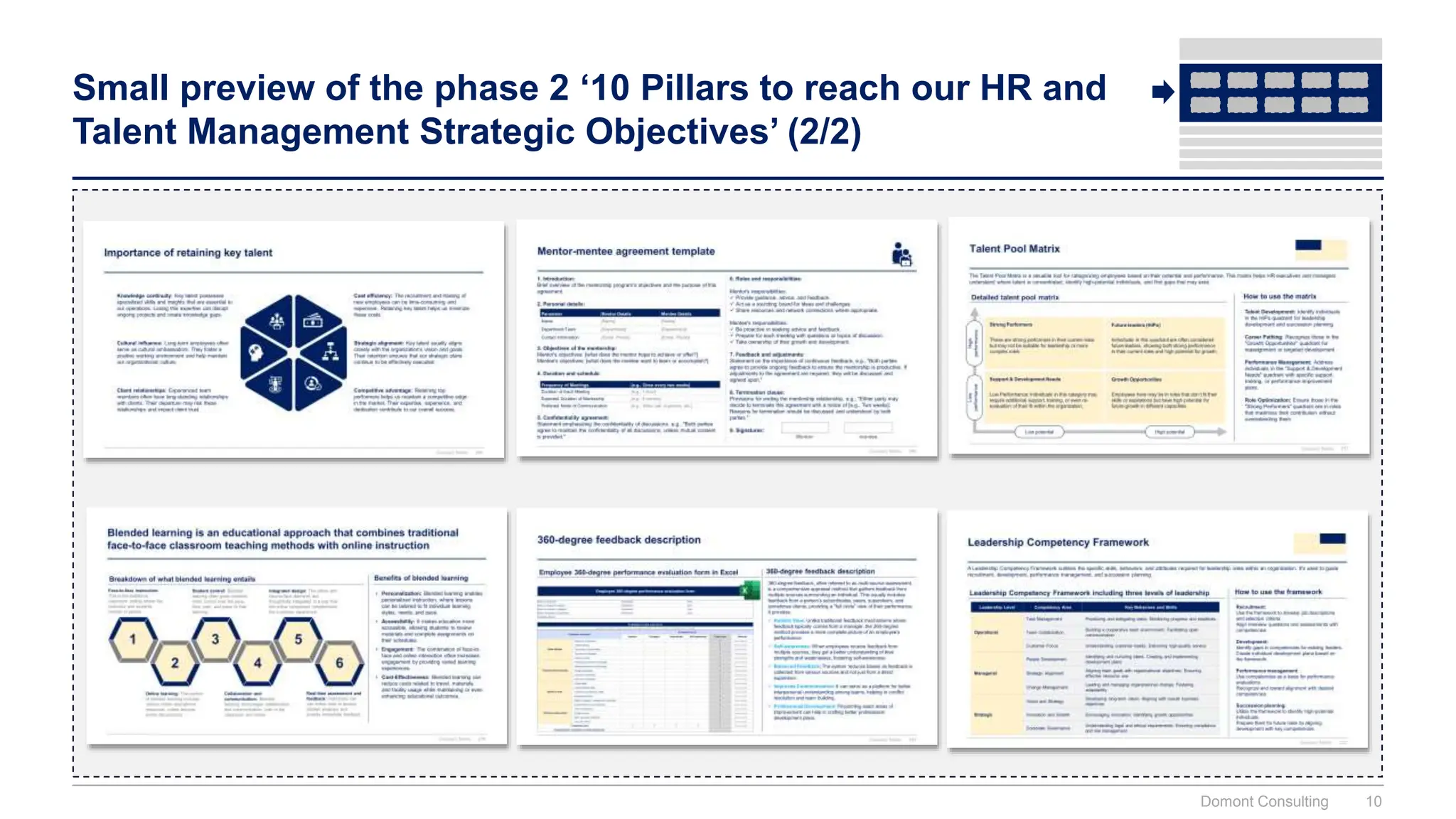 Small preview of the phase 2 ‘10 Pillars to reach our HR and
Talent Management Strategic Objectives’ (2/2)
Domont Consulting 10
 
