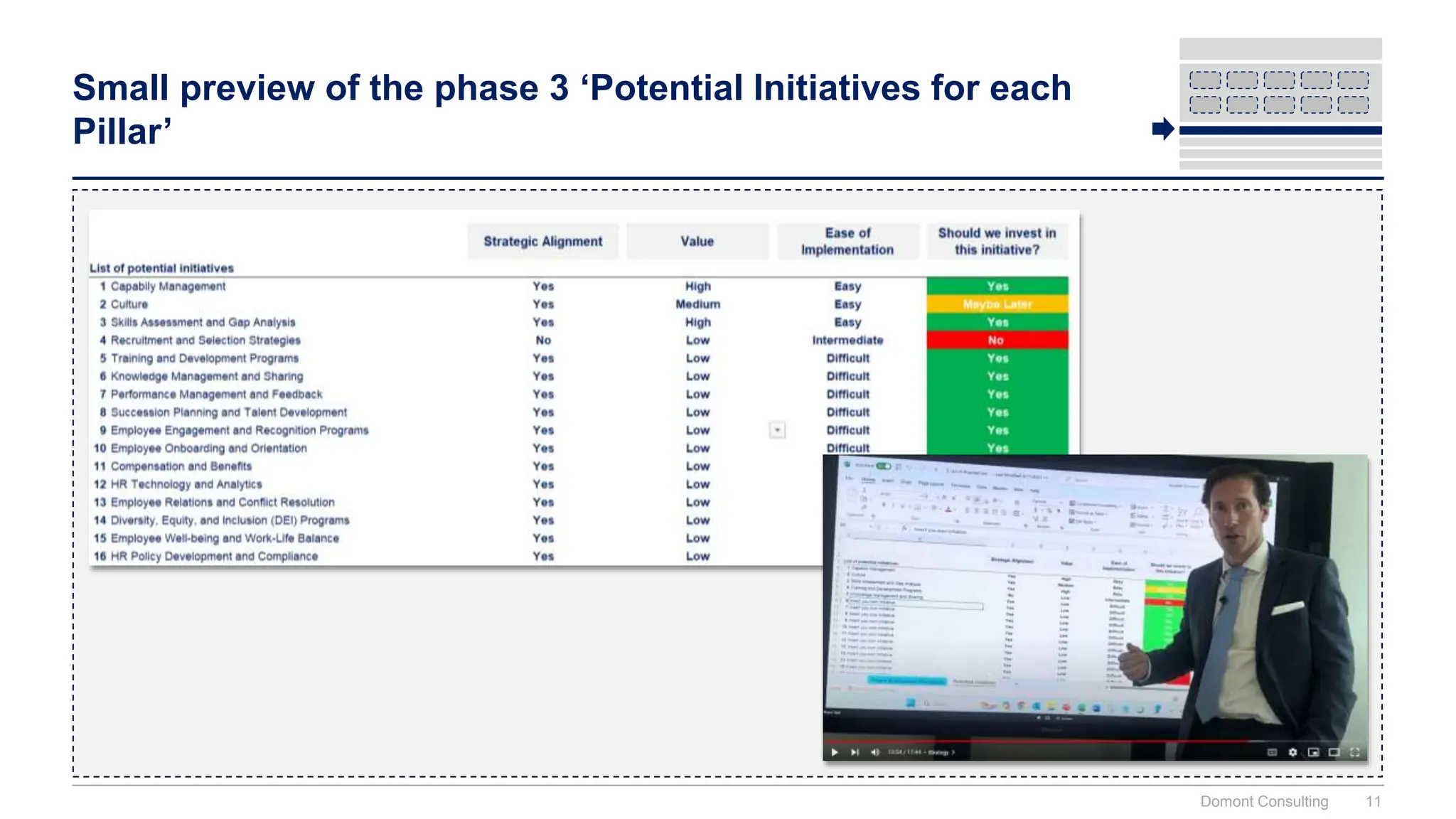Small preview of the phase 3 ‘Potential Initiatives for each
Pillar’
Domont Consulting 11
 