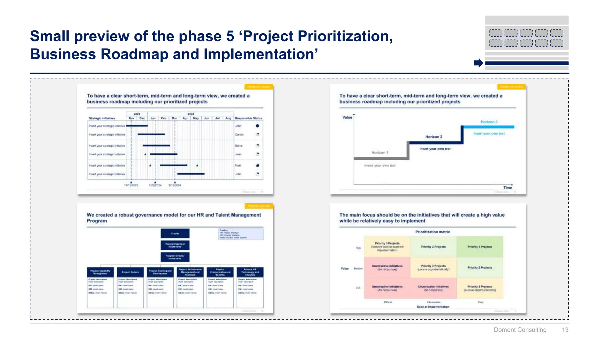 Small preview of the phase 5 ‘Project Prioritization,
Business Roadmap and Implementation’
Domont Consulting 13
 