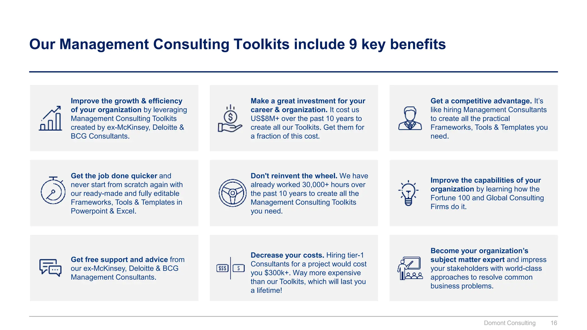 Our Management Consulting Toolkits include 9 key benefits
Improve the growth & efficiency
of your organization by leveraging
Management Consulting Toolkits
created by ex-McKinsey, Deloitte &
BCG Consultants.
Make a great investment for your
career & organization. It cost us
US$8M+ over the past 10 years to
create all our Toolkits. Get them for
a fraction of this cost.
Get a competitive advantage. It’s
like hiring Management Consultants
to create all the practical
Frameworks, Tools & Templates you
need.
Get the job done quicker and
never start from scratch again with
our ready-made and fully editable
Frameworks, Tools & Templates in
Powerpoint & Excel.
Improve the capabilities of your
organization by learning how the
Fortune 100 and Global Consulting
Firms do it.
Get free support and advice from
our ex-McKinsey, Deloitte & BCG
Management Consultants.
Decrease your costs. Hiring tier-1
Consultants for a project would cost
you $300k+. Way more expensive
than our Toolkits, which will last you
a lifetime!
Become your organization’s
subject matter expert and impress
your stakeholders with world-class
approaches to resolve common
business problems.
Don't reinvent the wheel. We have
already worked 30,000+ hours over
the past 10 years to create all the
Management Consulting Toolkits
you need.
Domont Consulting 16
 
