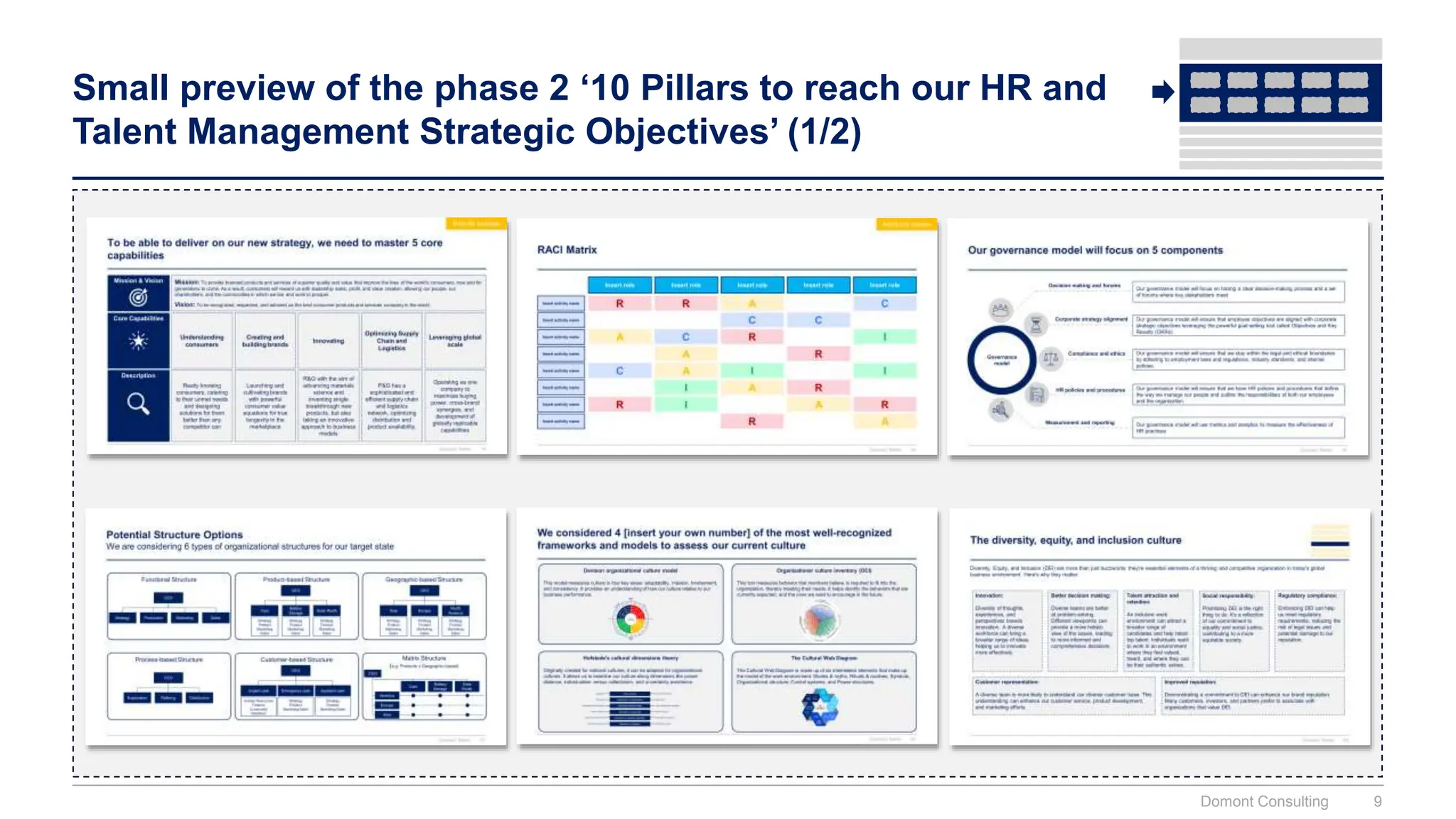 Small preview of the phase 2 ‘10 Pillars to reach our HR and
Talent Management Strategic Objectives’ (1/2)
Domont Consulting 9
 