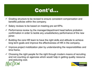 Cont’d…
ü Grading structure to be revised to ensure consistent compensation and
benefits policies within the company.
ü Salary reviews to be based on meeting pre set KPIs.
ü Performance review by the manager/department head before probation
confirmation in order to tackle any unsatisfactory performance of the new
joiner.
ü Building the core HR team to have the right skills and attitude to achieve
long term goals and improve the effectiveness of HR in the company.
ü Improve project mobilization plan by understanding the responsibilities and
time frame.
ü Choosing the right people for the right through modern means of recruiting
and not counting on agencies which would help in getting quality resource
and reducing cost.
 