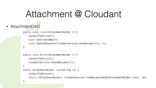 Attachment @ Cloudant
• AttachmentDAO
 