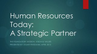 Human Resources
Today:
A Strategic Partner
THE FOUNDATION: MISSION, VISION & VALUES
PRESENTED BY: STUART FRIEDMAN, APRIL 2013
 