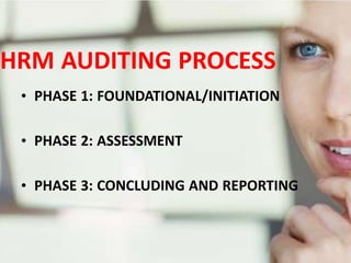 HRM AUDITING PROCESS
• PHASE 1: FOUNDATIONAL/INITIATION
• PHASE 2: ASSESSMENT
• PHASE 3: CONCLUDING AND REPORTING
 