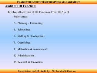 Audit of HR Function: Major Areas:  Planning -  Forecasting,  Scheduling;  Staffing & Development,  Organizing;  Motivation & commitment ;  Administration ;  Research & Innovation.  Involves all activities of HR Functions, From HRP to IR PRABHATH INSTITUTE OF BUSINESS MANAGEMENT Presentation on HR  Audit   by:  N.Chandra Sekhar  MBA .  