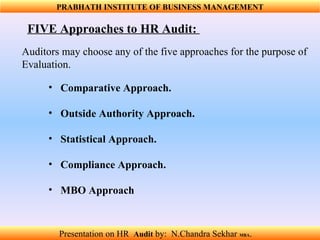 FIVE Approaches to HR Audit:  Comparative Approach.  Outside Authority Approach.  Statistical Approach.   Compliance Approach.   MBO Approach Auditors may choose any of the five approaches for the purpose of Evaluation. PRABHATH INSTITUTE OF BUSINESS MANAGEMENT Presentation on HR  Audit   by:  N.Chandra Sekhar  MBA .  