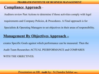 Compliance Approach  –  Auditors review Past Actions to determine if those activities comply with legal  requirements and Company Policies, & Procedures. A Final approach is for  Specialists & Operating Managers to set objectives in their areas of responsibility. Management By Objectives Approach –   creates Specific Goals against which performance can be measured. Then the  Audit Team Researches ACTUAL PEERFORMANCE and COMPARES  WITH THE OBJECTIVES. PRABHATH INSTITUTE OF BUSINESS MANAGEMENT Presentation on HR  Audit   by:  N.Chandra Sekhar  MBA .  