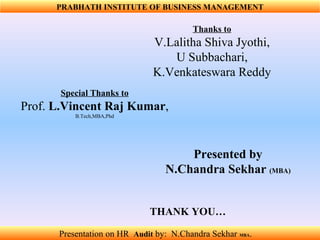 PRABHATH INSTITUTE OF BUSINESS MANAGEMENT THANK YOU… Presented by N.Chandra Sekhar  (MBA) Presentation on HR  Audit   by:  N.Chandra Sekhar  MBA .  Thanks to V.Lalitha Shiva Jyothi, U Subbachari, K.Venkateswara Reddy Special Thanks to Prof.  L.Vincent Raj Kumar ,  B.Tech,MBA,Phd 