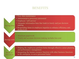 BENEFITS
Saving time
• Easy data maintenance
• Administrative processes automated
• Employee ‘self-service’
• Adequate information base that leads to timely and just decision
making
• Responding faster to employee inquiries to enhance efficiency and
productivity
Saving costs
• Minimum paperwork
• Timely and accurate decision making includes less cost
Work re-
allocation
• Helping the employees perform better through effective career planning
and performance management
• Integrating the human resource function with other business functions
in the enterprise, to serve personnel better
18
 