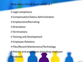 What does a full HR Audit comprise ?
Legal compliance
Compensation/Salary Administration
Employment/Recruiting
Orientation
Terminations
Training and Development
Employee Relations
Files/Record Maintenance/Technology
Policies and procedures (including employee
handbook)
 