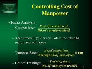 Controlling Cost of
                  Manpower
 Ratio Analysis
  – Cost per hire=

  – Recruitment Cycle time= Total time taken to
    recruit new employee

  – Turnover Rate=

  – Cost of Training=
                                                  11
 