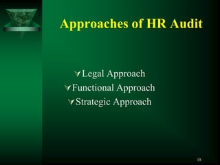 Approaches of HR Audit


   Legal Approach
 Functional Approach
  Strategic Approach




                        18
 