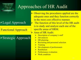 Approaches of HR Audit
                        Observing the procedures applied are the
                         adequate ones and they function correctly
                         in the most cost effective manner.
 Legal Approach        The function of this level of the HR audit
                         is to study and analyze each one of the
Functional Approach      specific areas of HRM.
                        Area of HR Audit:
                             Description of company’s staff
 Strategic Approach         Job analysis
                             HR planning
                             Recruiting and personnel selection
                             Training
                             Development of professionals
                             Retribution
                             Performance evaluation
                             Work condition
                                                                   20
 