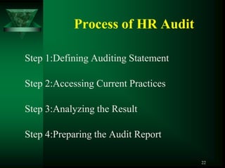 Process of HR Audit

Step 1:Defining Auditing Statement

Step 2:Accessing Current Practices

Step 3:Analyzing the Result

Step 4:Preparing the Audit Report

                                     22
 