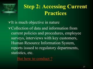 Step 2: Accessing Current
                  Practices
 It is much objective in nature
 Collection of data and information from
  current policies and procedures, employee
  surveys, interviews with key customers,
  Human Resource Information System,
  reports issued to regulatory departments,
  statistics, etc.
      But how to conduct ?
                                              27
 