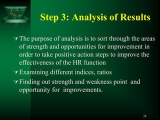 Step 3: Analysis of Results

 The purpose of analysis is to sort through the areas
  of strength and opportunities for improvement in
  order to take positive action steps to improve the
  effectiveness of the HR function
 Examining different indices, ratios
 Finding out strength and weakness point and
  opportunity for improvements.


                                                 28
 