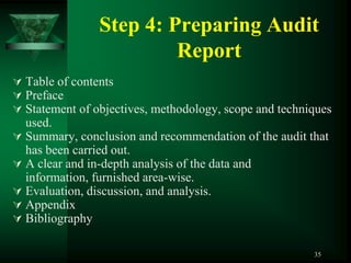 Step 4: Preparing Audit
                         Report
 Table of contents
 Preface
 Statement of objectives, methodology, scope and techniques
  used.
 Summary, conclusion and recommendation of the audit that
  has been carried out.
 A clear and in-depth analysis of the data and
  information, furnished area-wise.
 Evaluation, discussion, and analysis.
 Appendix
 Bibliography


                                                        35
 