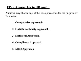 FIVE Approaches to HR Audit:
Auditors may choose any of the five approaches for the purpose of
Evaluation.
1. Comparative Approach.
2. Outside Authority Approach.
3. Statistical Approach.
4. Compliance Approach.
5. MBO Approach
 
