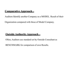 Comparative Approach –
Auditors Identify another Company as a MODEL. Result of their
Organization compared with those of Model Company.
Outside Authority Approach –
Often, Auditors use standard set by Outside Consultant as
BENCHMARK for comparison of own Results.
 