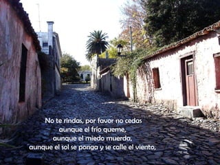 No te rindas, por favor no cedas aunque el frío queme,  aunque el miedo muerda,  aunque el sol se ponga y se calle el viento,   