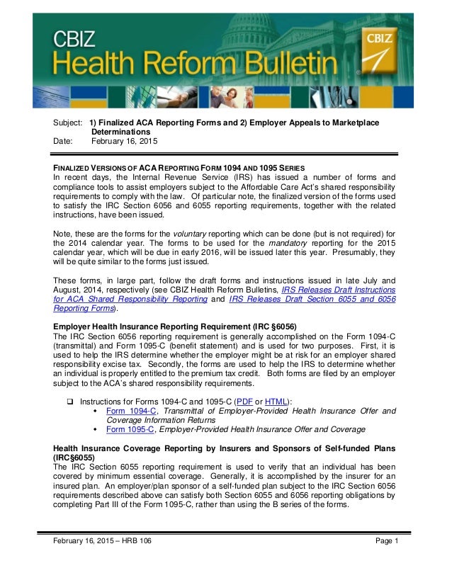 Health Reform Bulletin Finalized Aca Reporting Forms Employer Appe Health Reform Bulletin Finalized Aca Reporting Forms Employer Appe