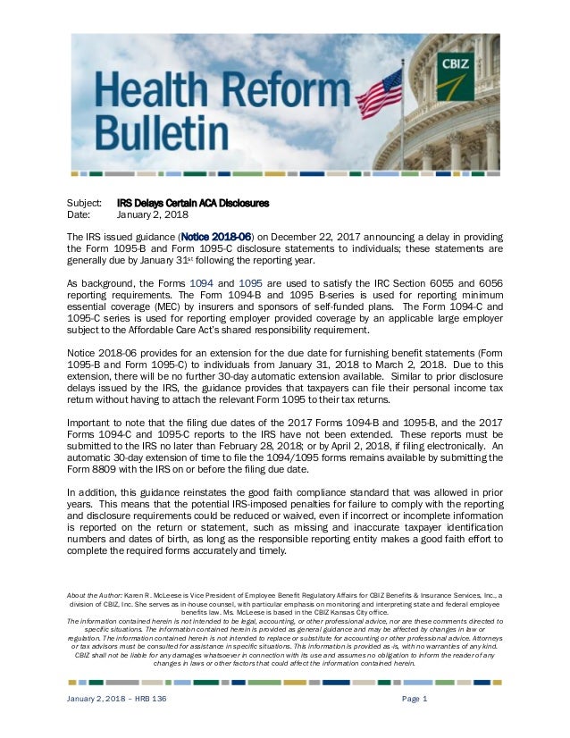 Health Reform Bulletin 136 Irs Delays Certain Aca Disclosures