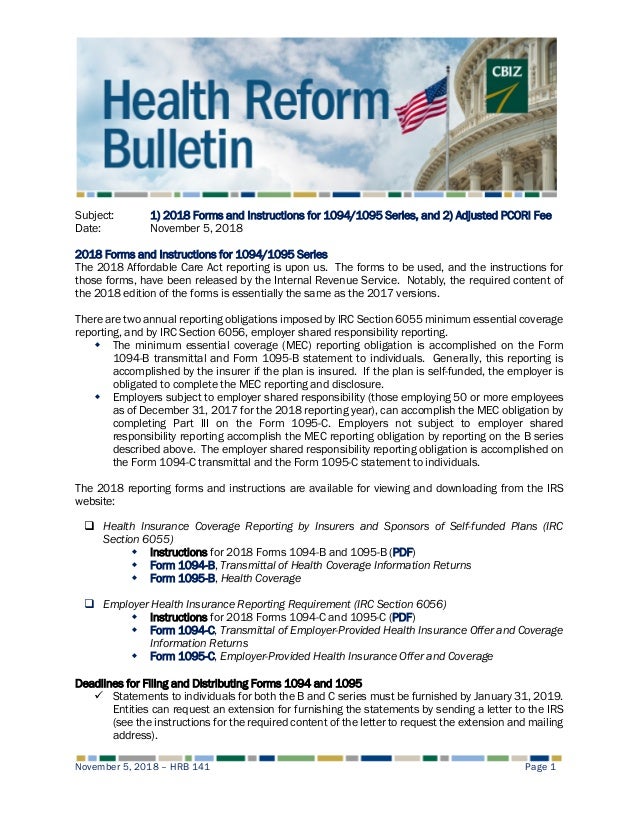 Health Reform Bulletin 141 18 Forms And Instructions For 1094 109