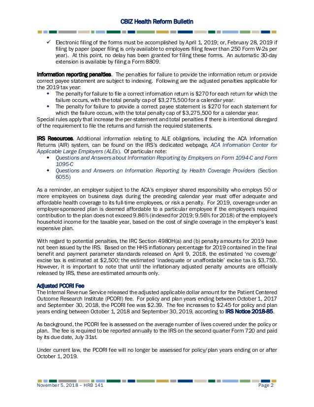 Health Reform Bulletin 141 18 Forms And Instructions For 1094 109